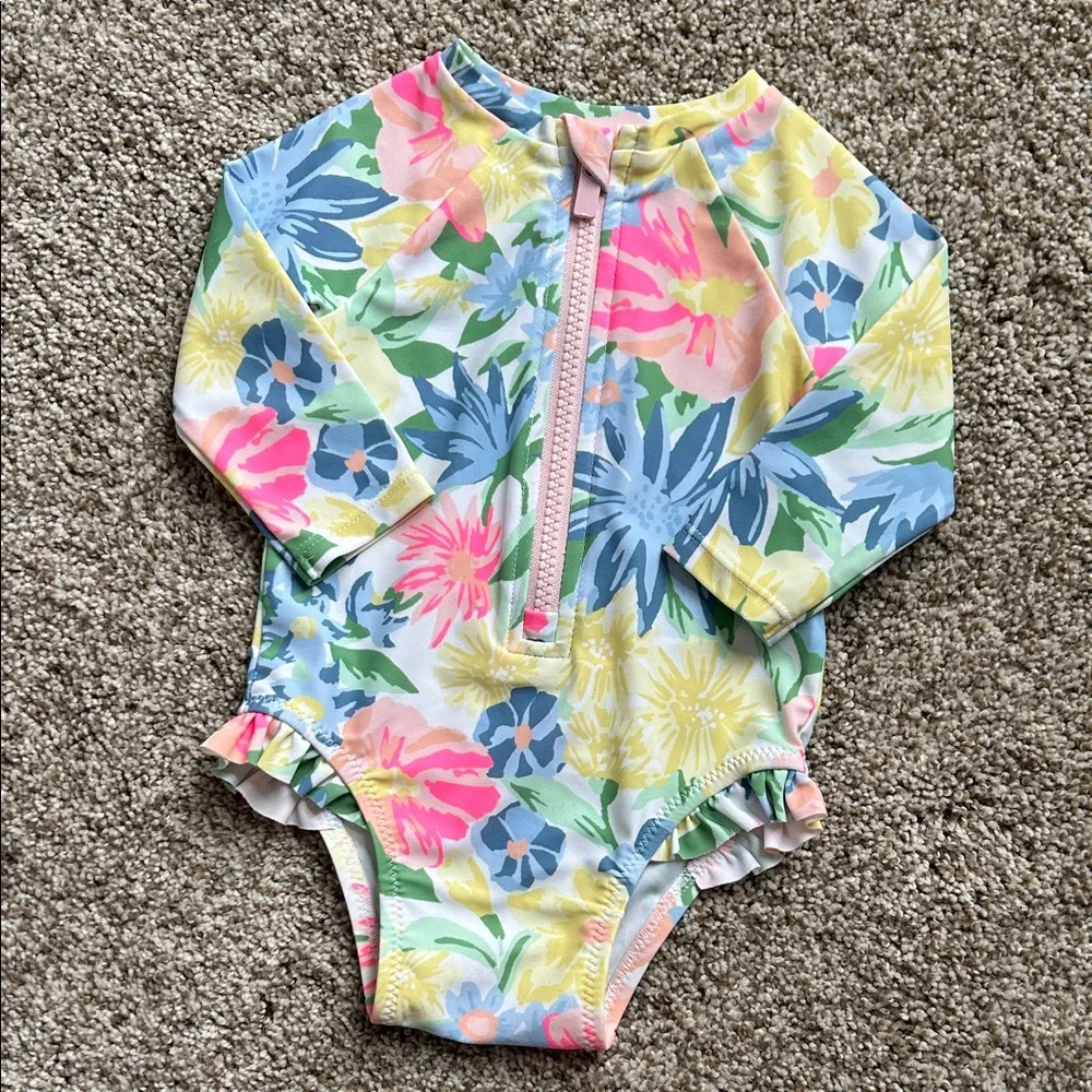 Old Navy One Piece Pastel Floral Long Sleeve Baby Swimwear, Size 3-6 Months